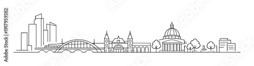 City skyline with arched bridge and domed civic building