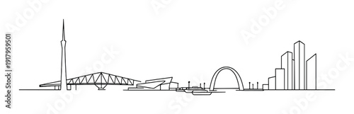 City skyline line drawing with arch bridge and modern towers
