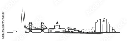City skyline line illustration along waterfront on dark gradient