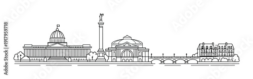 Neoclassical buildings and column beside riverside bridge on waterfront