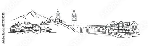 Mountain village with church clock tower and stone bridge