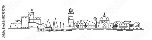 Castle and lighthouse along harbor with pier and buildings