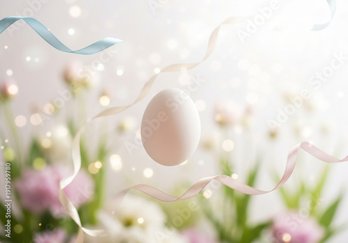 White egg with pastel ribbons and blurred floral background