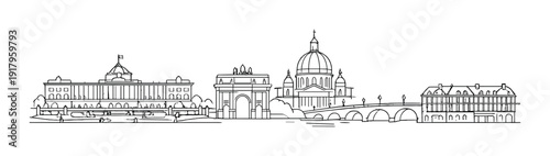 Palace, arch and domed cathedral by river with bridge