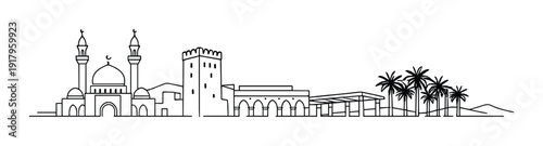 Mosque and fortress with palm grove and arched market