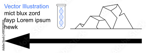 Science, geology, navigation, research, direction molecular biology. A DNA helix in a test tube geometric rocks and an arrow. Science and geology. Line metaphor. Simple line icons