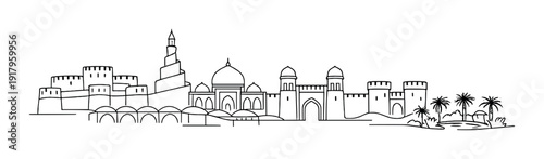 Fortified city with spiral minaret and domes on riverbank