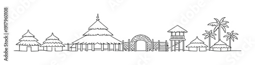Multi tiered thatched pavilion and huts with palm trees