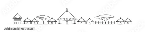 Round central hut and surrounding thatched houses with trees