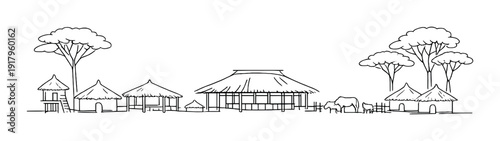 Thatched huts and grazing animals around central pavilion with trees