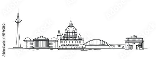City skyline line drawing with dome, bridge and waterfront