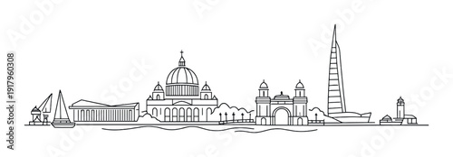 Coastal skyline line drawing with dome cathedral and harbor gateway