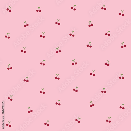 Seamless pattern with small cute red cherries and green leaves arranged in a minimal repeating layout. Clean fruit texture isolated on transparent background. Perfect for textile prints, packaging