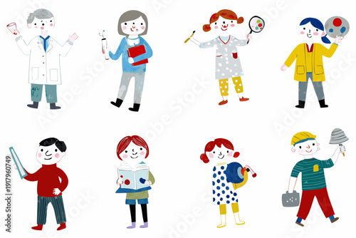 Diverse group of cartoon children portraying various professions and roles