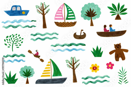 Whimsical watercolor illustration of boats trees and seaside elements