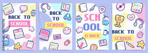 Back to school minimal doodle posters. Sale Backgrounds with school supplies and study icons, modern education banner cover template, vector illustration collection
