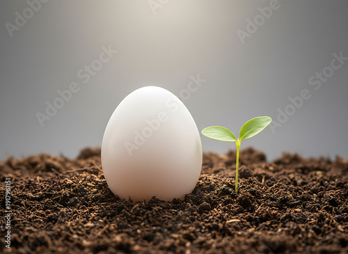 White egg and green seedling growing in soil