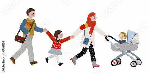 Family walking together parents with children and a baby stroller