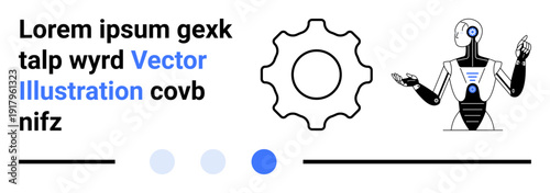 Humanoid robot gesturing near gear icon with text and circular indicators. Ideal for technology, innovation, artificial intelligence, automation, robotics, machinery, simple landing page