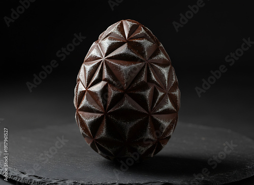 Geometric dark chocolate Easter egg with powdered sugar on black slate