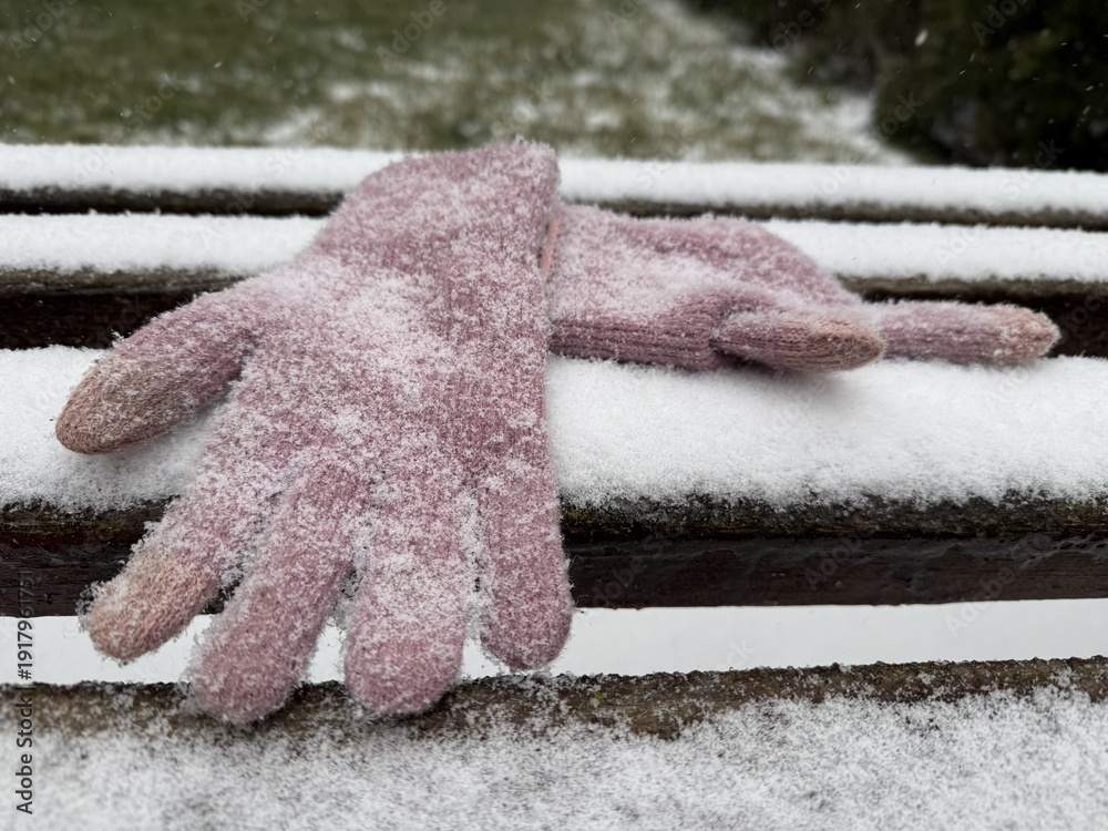 Ταπετσαρία Pink Gloves Forgotten on Snow Covered Bench in Winter Park