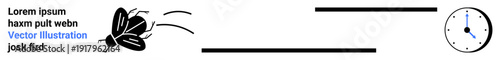 Time management, deadlines, productivity, fleeting moments, punctuality, urgency. A bug in flight moving toward a clock. Time management and deadlines concept