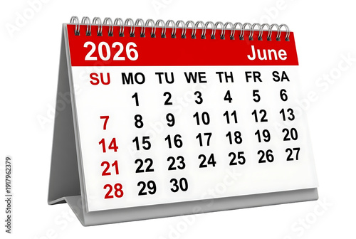 A realistic depiction of a june 2026 calendar showcasing a weekly layout with clearly defined dates on transparent background high quality professional detailed