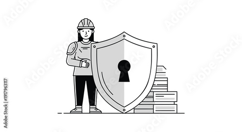 Security and education icon with shield, keyhole, and books, isolated on transparent background