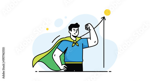 Business success superhero vector illustration, a man in a cape flexing with a rising graph