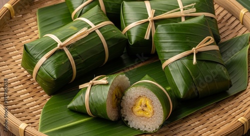 Sticky Rice Banana Cakes Wrapped in Banana Leaves, Traditional Asian Dessert