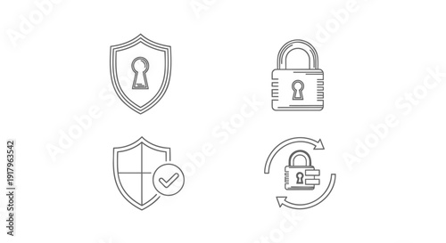 Security and protection icon collection. Includes shield, lock, verified, and refresh symbols. Created in line style with gray palette