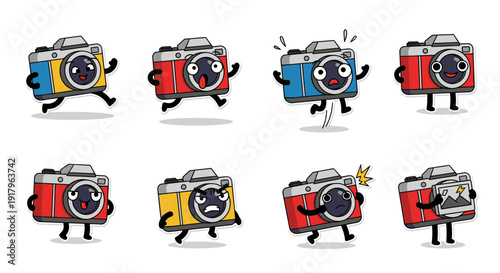 Cartoon camera character expressing various emotions and actions  