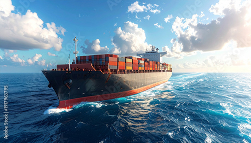 Side view of a massive cargo ship on the left, endless ocean filling the rest of the frame, slightly cloudy sky background © Prayoga
