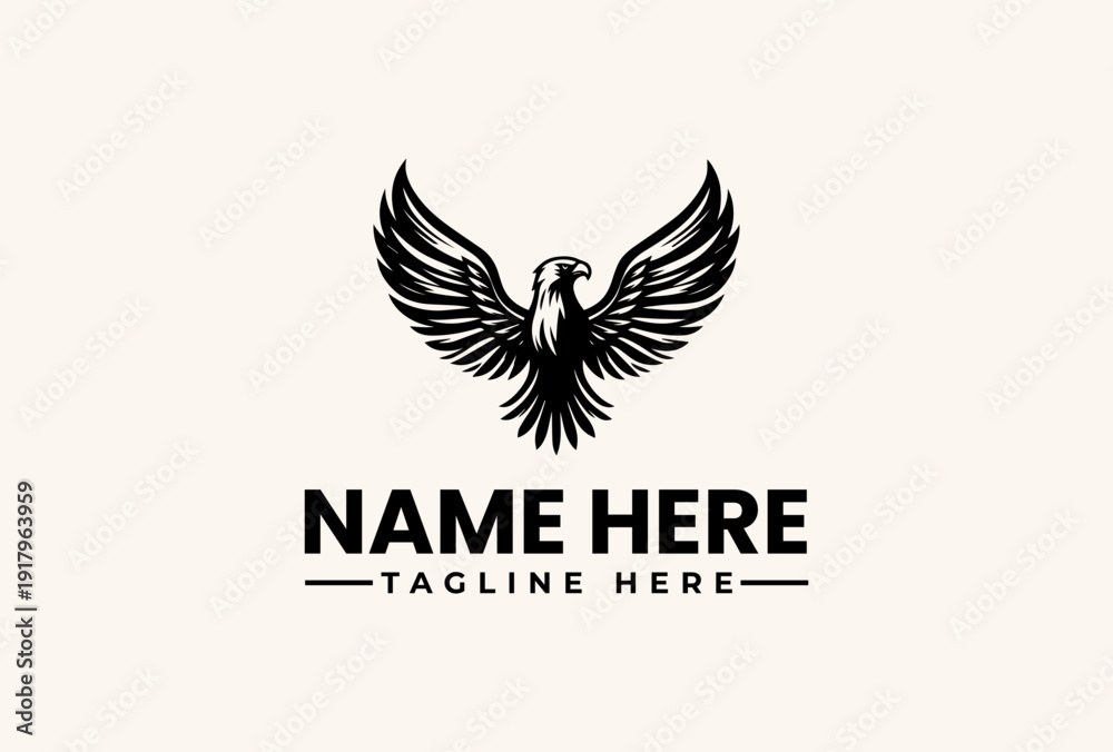 Fototapeta premium A black logo featuring an eagle with outstretched wings and a placeholder text 'NAME HERE' with 'TAGLINE HERE' on a beige background, with a flat design style and neutral tones.