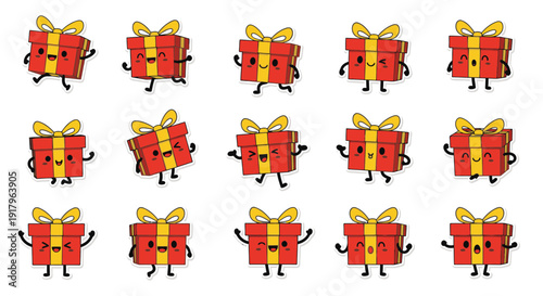 Animated gift boxes with faces celebrating and dancing in a row  