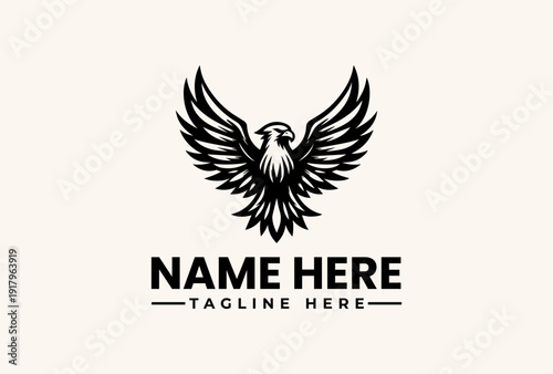 A black and white illustration of an eagle logo with outstretched wings on a beige background, featuring placeholder text for a name and tagline in a vector graphic design.