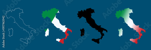 Italy map set black silhouette and in the colors of the flag. Hand drawn by gel pen contour.