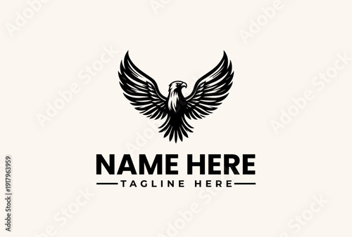 A black logo featuring an eagle with outstretched wings and a placeholder text 'NAME HERE' with 'TAGLINE HERE' on a beige background, with a flat design style and neutral tones.