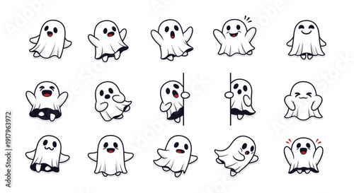 Cute cartoon ghosts in various poses for Halloween-themed designs  