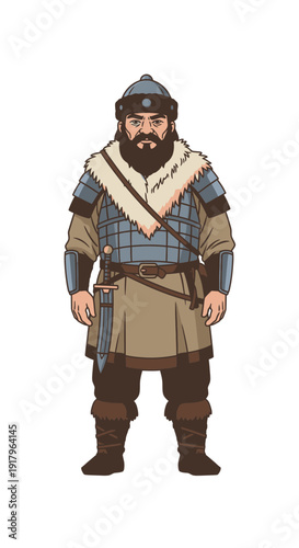 Cartoon Sarmatian warrior standing in traditional clothing and armor  