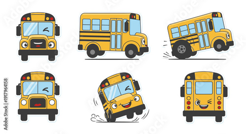 Animated yellow school bus character in various playful poses  
