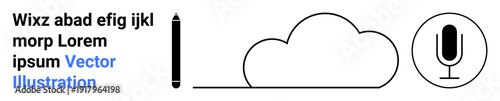 Technology, data storage, digital communication, creative tools, cloud computing, voice recording. Minimalist design a pencil, cloud and microphone icon. Technology and data storage concept