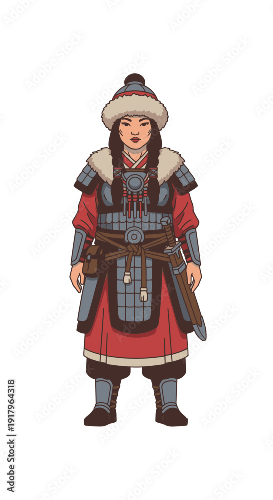Obraz premium Female nomadic warrior dressed in traditional fur-lined attire 
