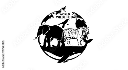 World Wildlife Day vector illustration with animal silhouettes forming a globe, flat monochrome design on white background, conservation concept, scalable SVG style