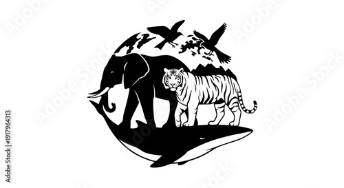 World Wildlife Day vector illustration with animal silhouettes forming a globe, flat monochrome design on white background, conservation concept, scalable SVG style