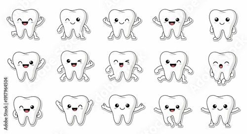 Cartoon teeth characters in various poses and expressions  