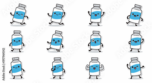 Cartoon vaccine bottles with happy expressions and various poses  