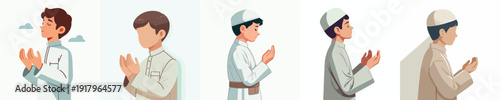 half body vector of a little Muslim boy gesture praying the month of Ramadan side view
