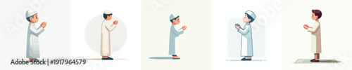 vector of a little Muslim boy standing gesture praying the month of Ramadan side view