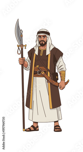 Arab man holding spear and sword in traditional attire  